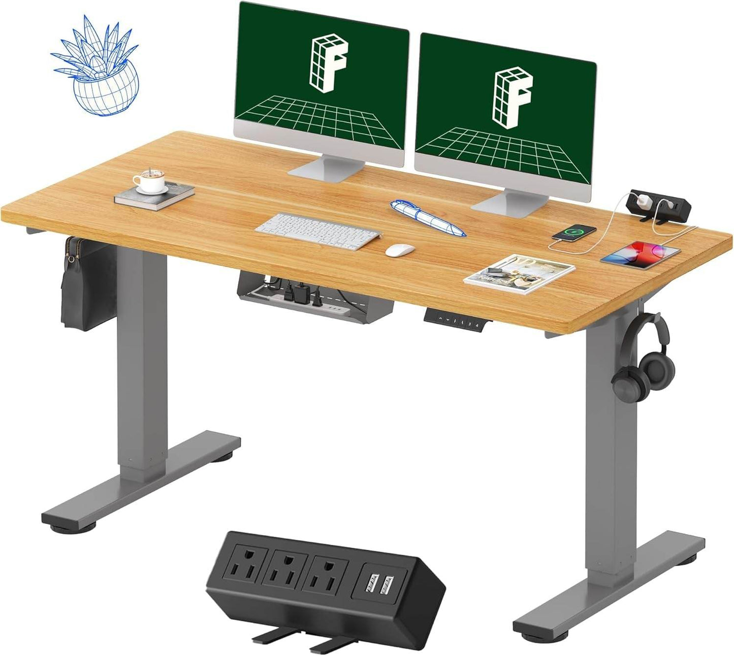 EN2 Height Adjustable Electric Standing Desk - 48"x30" with Clamp Power Strip & Cable Management (Gray Frame + Mahogany Top)