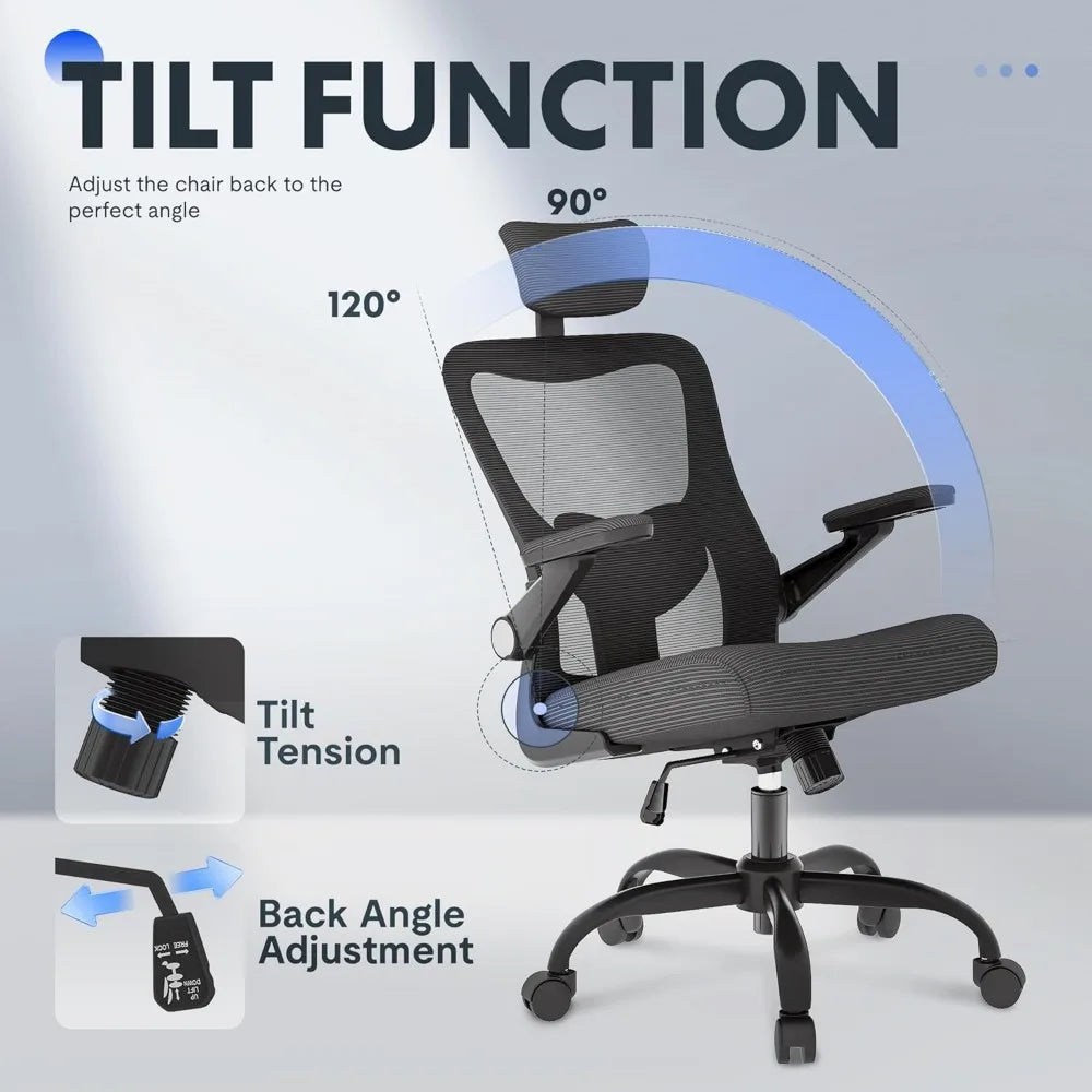 Ergonomic Office Chairs Mesh Computer Desk Chair with 3D Flip-Up Armrests Adjustable Headrest and Lumbar Support Comfy High Bac