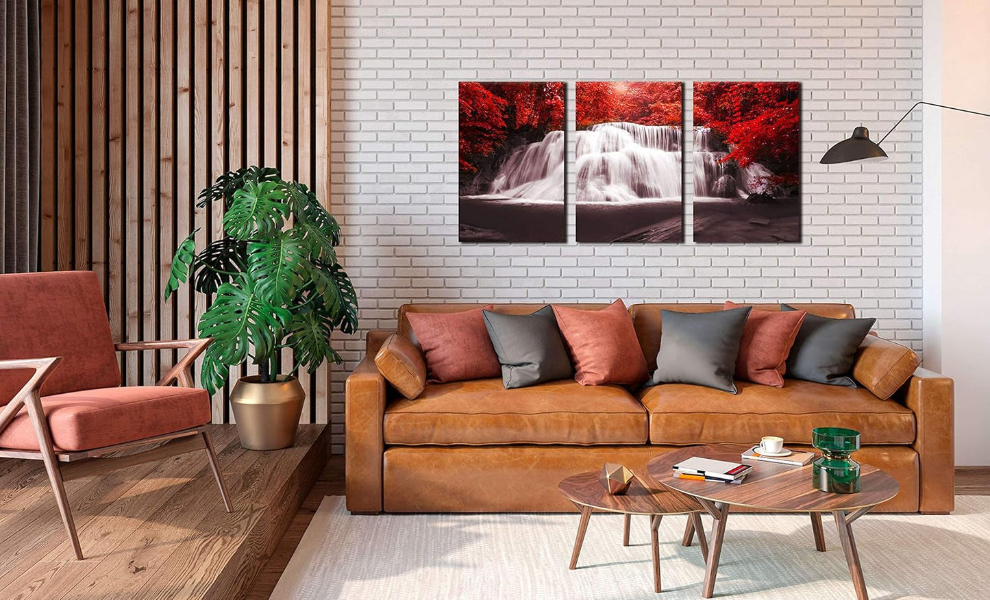 Stunning Black, White & Red Waterfall Canvas Wall Art - 3 Piece Set of Red Trees Forest Prints for Living Room & Office Decor - 16x24 Inch Each