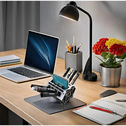 Engine Block Desk Organizer: Modern art for desktop/bookshelf. Holds business cards, a creative office accessory.