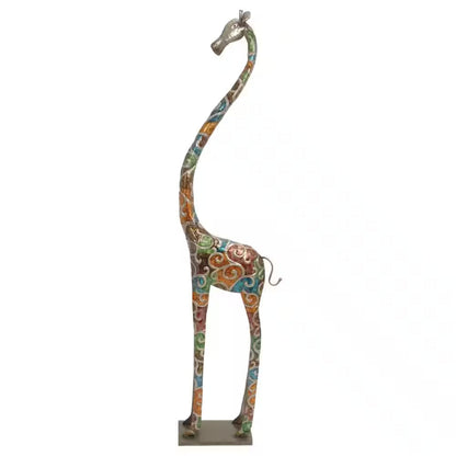 Multi Colored Metal Indoor Outdoor Tall Giraffe Sculpture with Detailed Embossed Scrollwork