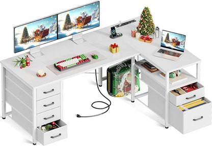 L Shaped Computer Desk with 6 Drawers & Power Outlet, 55 Inch Corner