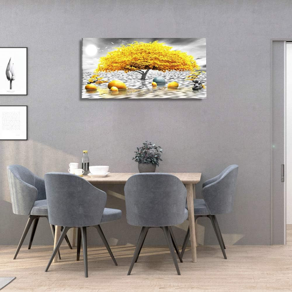 Stunning Abstract Black and White Canvas Art with Vibrant Yellow Tree - Perfect Wall Decor for Living Room, Bedroom, and Office