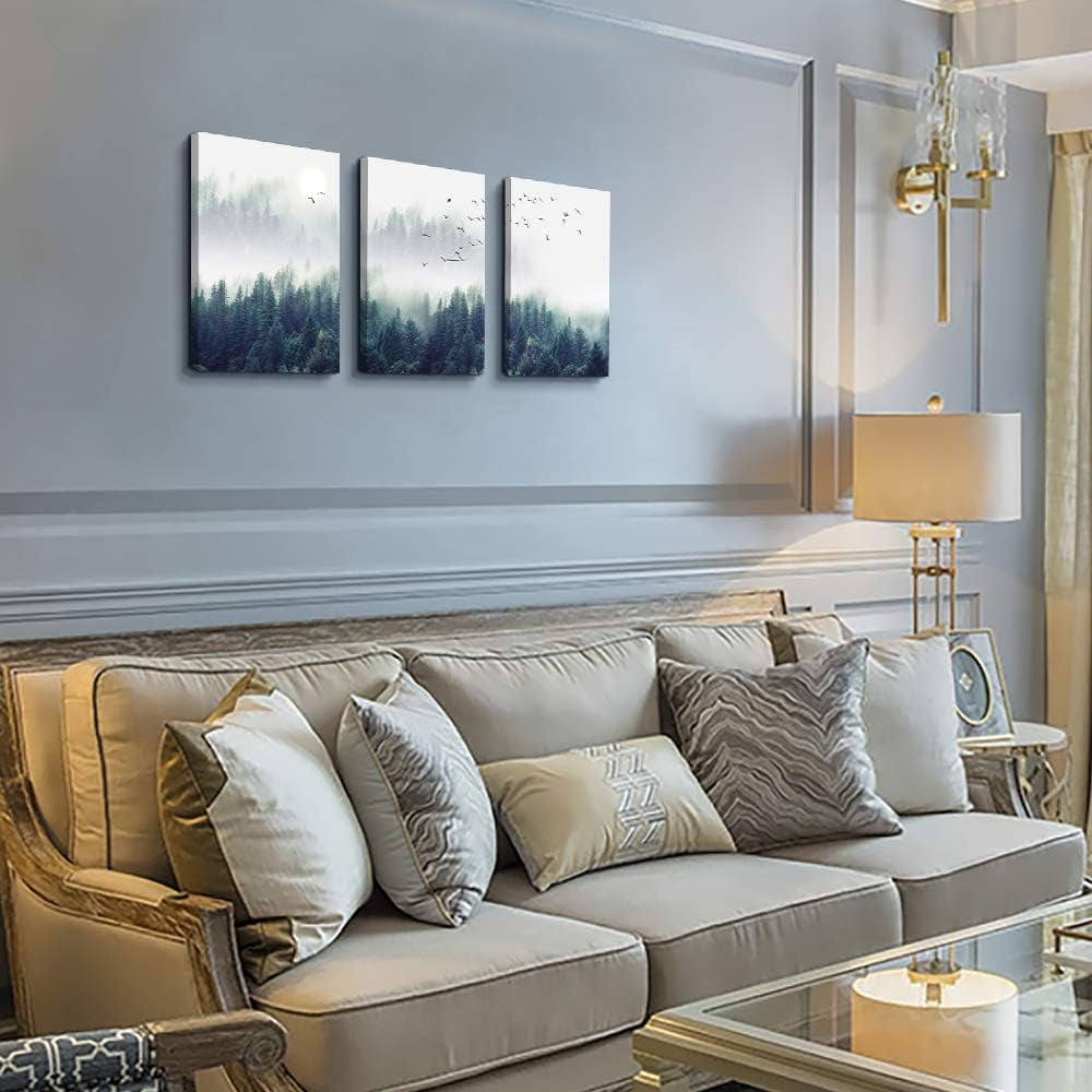 Enchanting Foggy Forest 3-Piece Canvas Wall Art Set - Stretched & Framed Landscape Decor for Living Room, Bedroom, or Office - Ready to Hang 12"x16" Panels