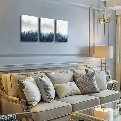 Enchanting Foggy Forest 3-Piece Canvas Wall Art Set - Stretched & Framed Landscape Decor for Living Room, Bedroom, or Office - Ready to Hang 12"x16" Panels