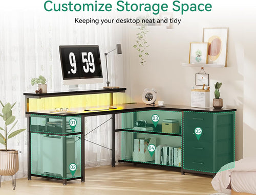 61" L Shaped Desk with Drawer, Computer Desk with Power Outlets & LED