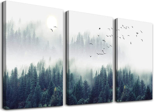 Enchanting Foggy Forest 3-Piece Canvas Wall Art Set - Stretched & Framed Landscape Decor for Living Room, Bedroom, or Office - Ready to Hang 12"x16" Panels