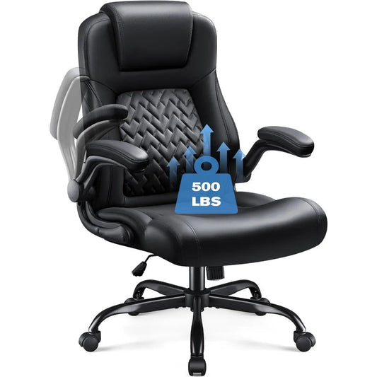 High Back Office Chair, Ergonomic Big and Tall Desk Chair, Adjustable Flip up Armrest Executive Chair Made of PU Leathe