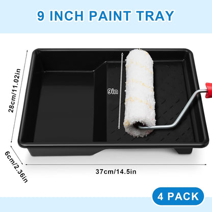 Barydat 4 Pcs 9 Inch Paint Plastic Tray with Deep Pockets and Textured Ridge Heavy Duty Paint Roller Tray with Sturdy Legs Home Improvement Supplies for 9 Inch Roller Brushes, Black