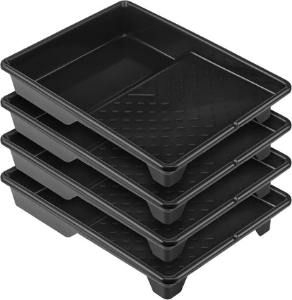 Barydat 4 Pcs 9 Inch Paint Plastic Tray with Deep Pockets and Textured Ridge Heavy Duty Paint Roller Tray with Sturdy Legs Home Improvement Supplies for 9 Inch Roller Brushes, Black