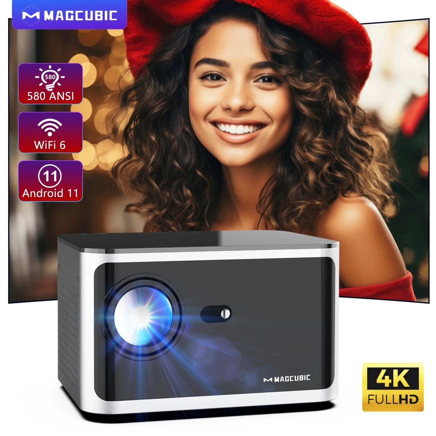 Magcubic 580 ANSI Lumens 4K Projector with Android 11 and WiFi 6