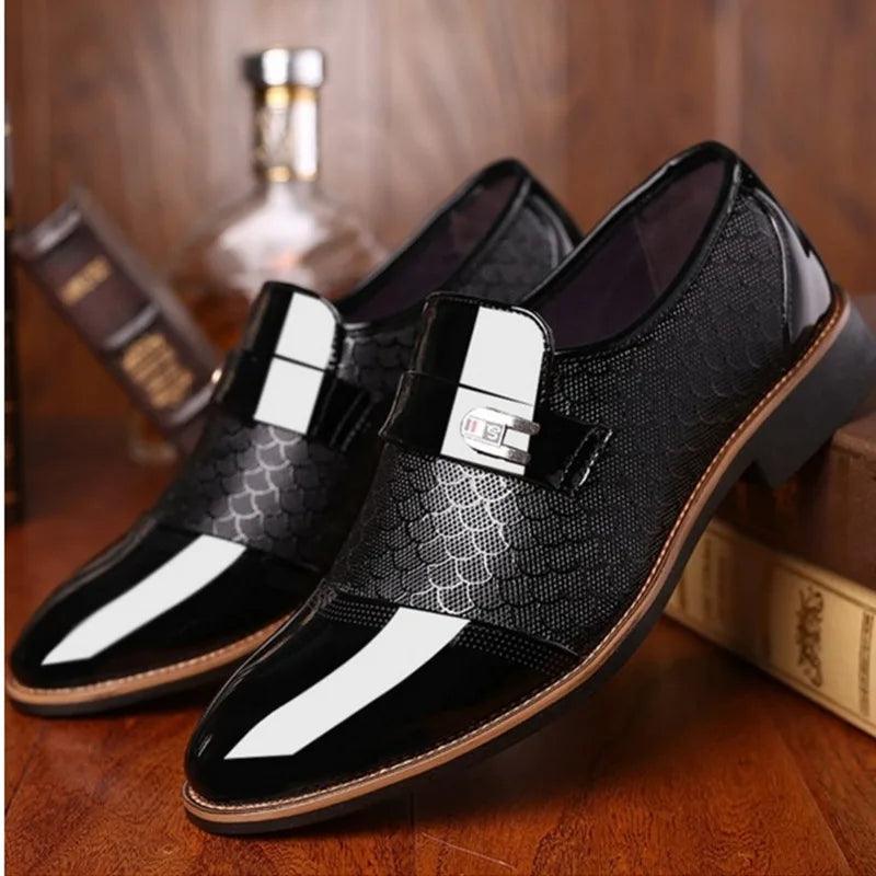 Men's Embossed Leather Dress Shoes - Anti-Slip Black Shoes
