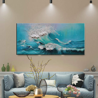 Stunning 24x48 Inch Hand-Painted Abstract Blue Ocean Oil Painting - Modern Canvas Wall Art for Luxurious Home Decor