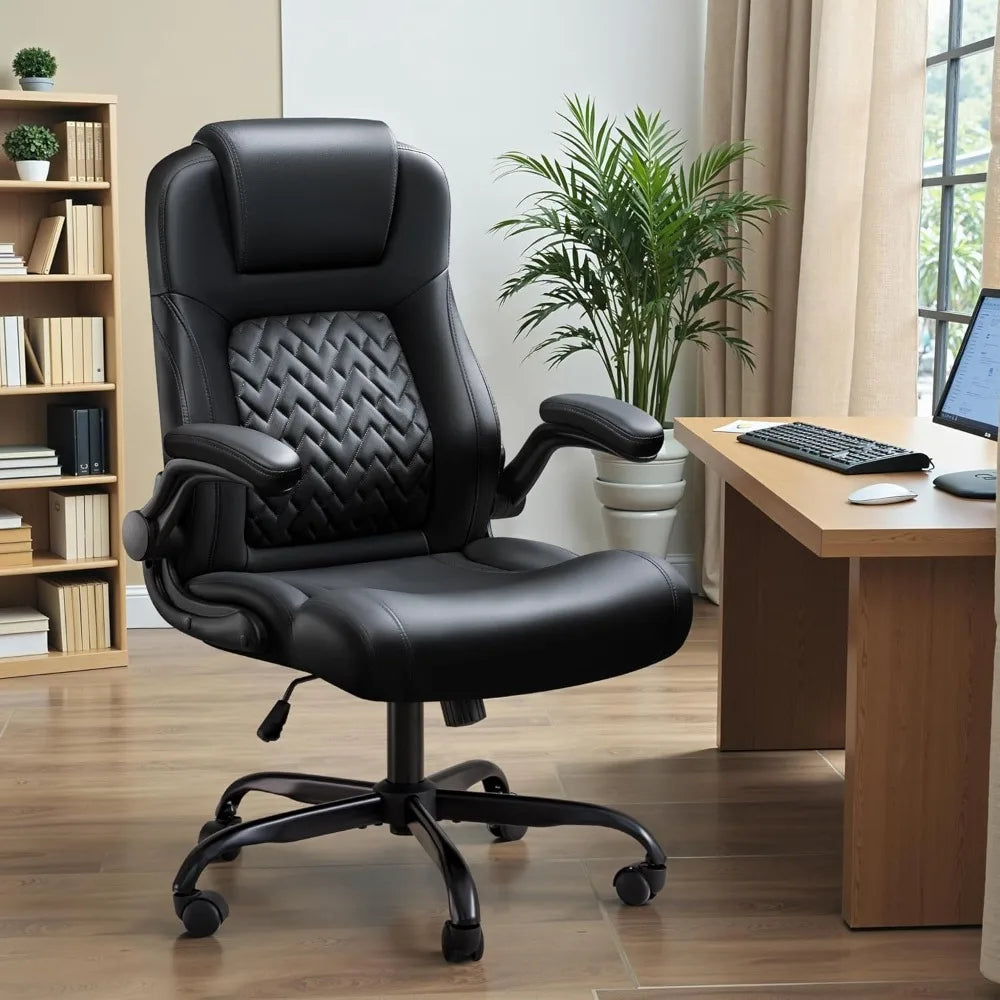 High Back Office Chair, Ergonomic Big and Tall Desk Chair, Adjustable Flip up Armrest Executive Chair Made of PU Leathe