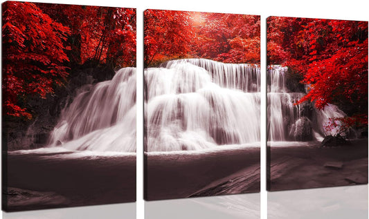Stunning Black, White & Red Waterfall Canvas Wall Art - 3 Piece Set of Red Trees Forest Prints for Living Room & Office Decor - 16x24 Inch Each