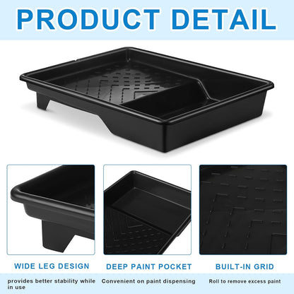 Barydat 4 Pcs 9 Inch Paint Plastic Tray with Deep Pockets and Textured Ridge Heavy Duty Paint Roller Tray with Sturdy Legs Home Improvement Supplies for 9 Inch Roller Brushes, Black
