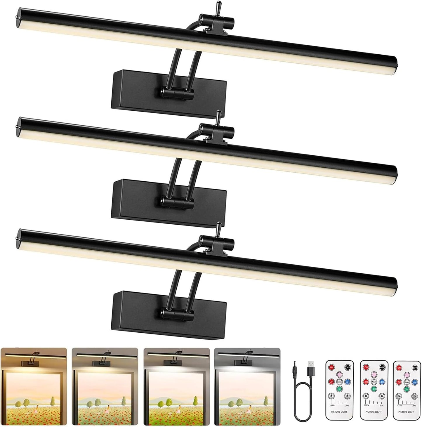 3 Pack Picture Light Battery Operated for Wall, 16" Wireless Display Art Lighting for Painting with Remote, Dimmable 5200mAh Library Light, Gold Picture Frame Lights for Gallery