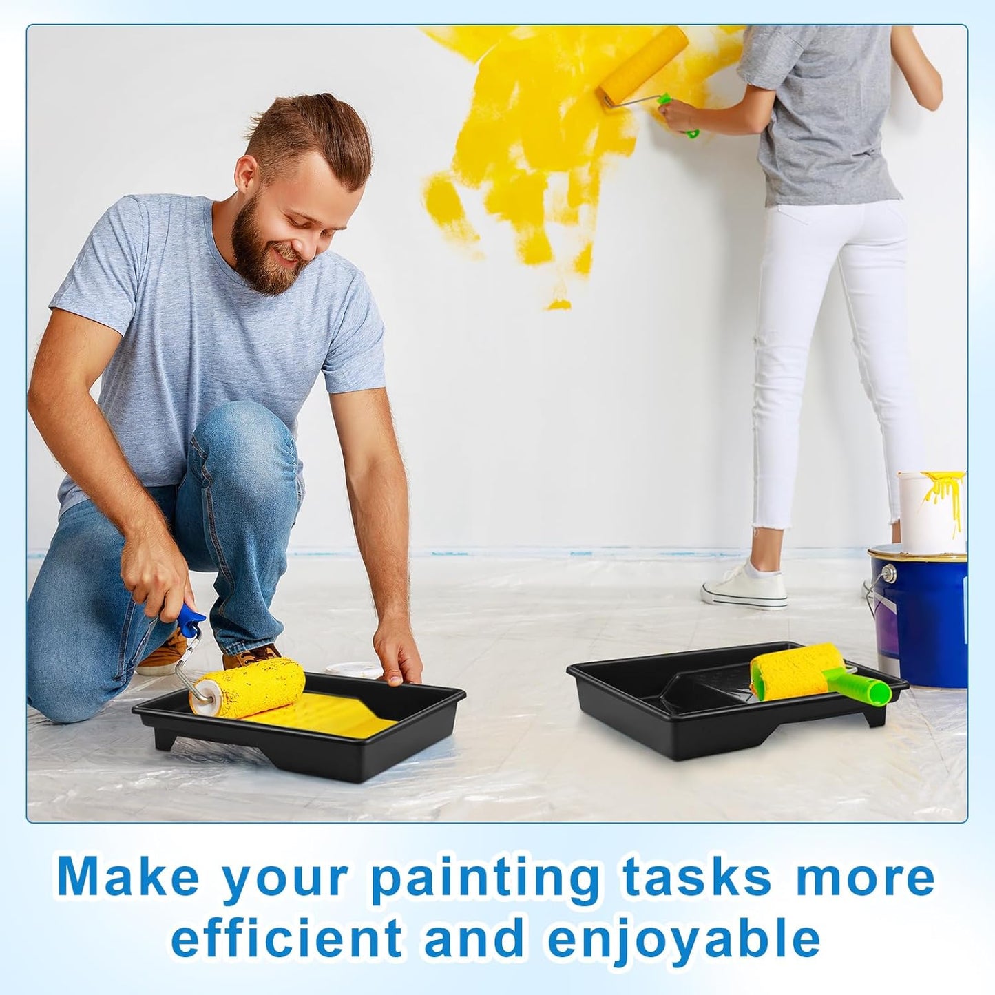 Barydat 4 Pcs 9 Inch Paint Plastic Tray with Deep Pockets and Textured Ridge Heavy Duty Paint Roller Tray with Sturdy Legs Home Improvement Supplies for 9 Inch Roller Brushes, Black