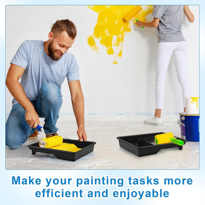 Barydat 4 Pcs 9 Inch Paint Plastic Tray with Deep Pockets and Textured Ridge Heavy Duty Paint Roller Tray with Sturdy Legs Home Improvement Supplies for 9 Inch Roller Brushes, Black