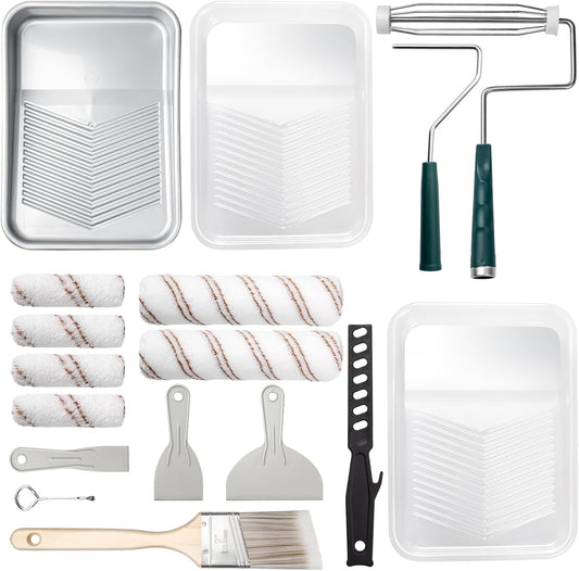 Mister Rui Paint Roller Kit, 18 Pack Paint Roller Set, 4"9" Paint Rollers for Painting Walls, Paint Tray with Liners, Angled Paint Brush, Professional Painting Kit for Home Improvement