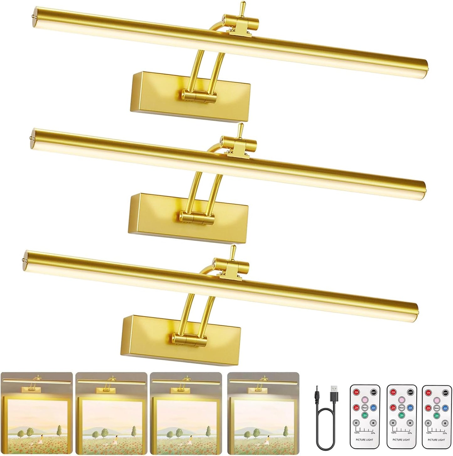3 Pack Picture Light Battery Operated for Wall, 16" Wireless Display Art Lighting for Painting with Remote, Dimmable 5200mAh Library Light, Gold Picture Frame Lights for Gallery