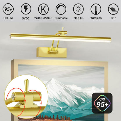 3 Pack Picture Light Battery Operated for Wall, 16" Wireless Display Art Lighting for Painting with Remote, Dimmable 5200mAh Library Light, Gold Picture Frame Lights for Gallery