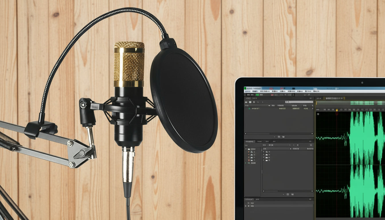 Microphone setup with sound card and laptop displaying audio editing software on a white background