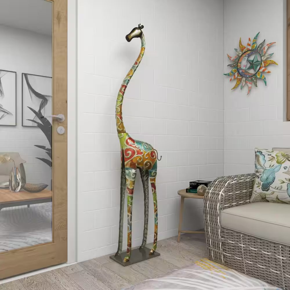 Multi Colored Metal Indoor Outdoor Tall Giraffe Sculpture with Detailed Embossed Scrollwork