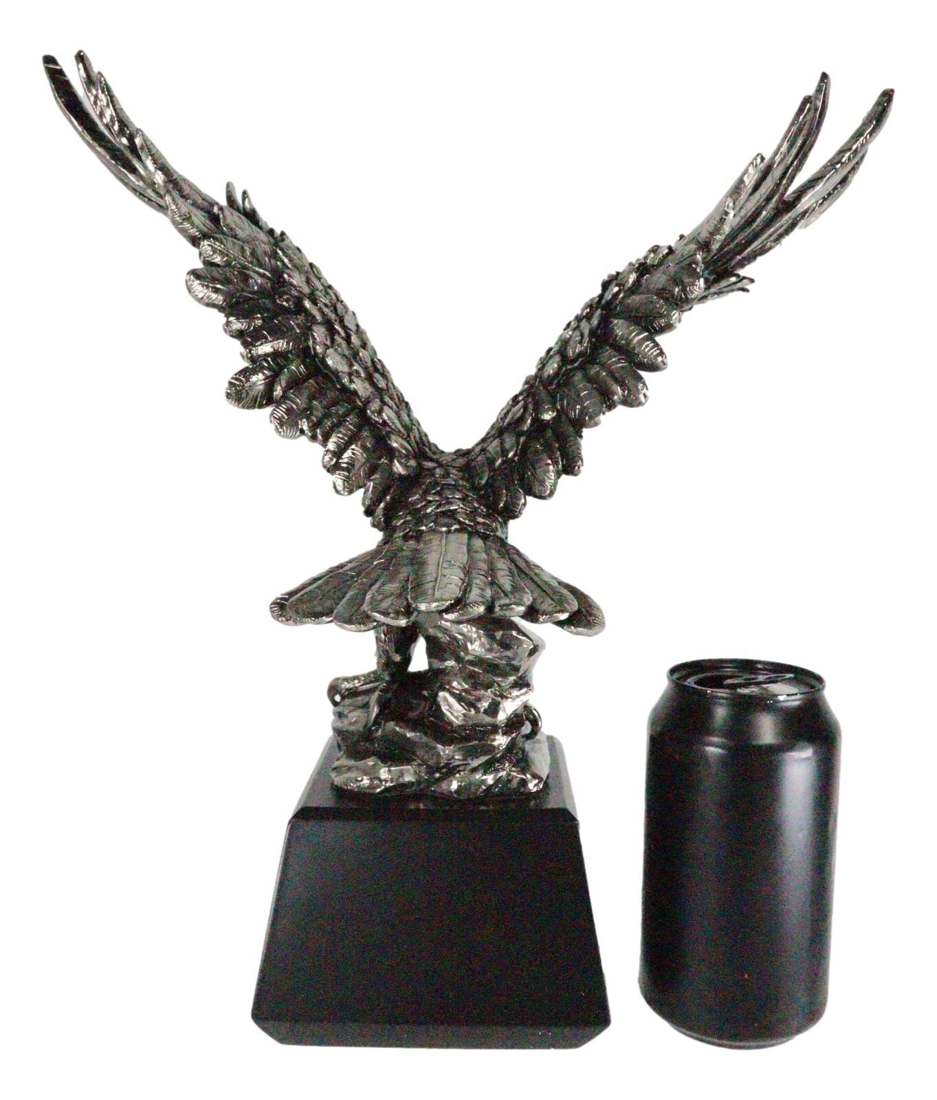 Electroplated Pewter Silver Bald Eagle with Open Wings Landing on Rock Statue