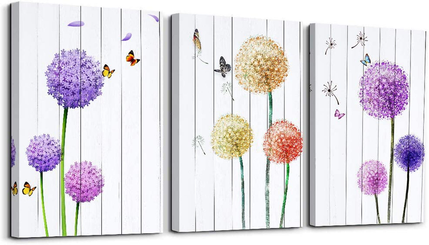 Stunning Dandelion & Butterfly Purple Flowers Canvas Wall Art - 3 Panel Set for Elegant Home Décor, 12x16 Inch Each, Perfect for Living Room and Bedroom