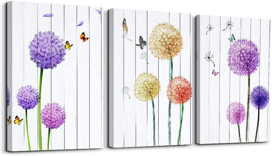 Stunning Dandelion & Butterfly Purple Flowers Canvas Wall Art - 3 Panel Set for Elegant Home Décor, 12x16 Inch Each, Perfect for Living Room and Bedroom