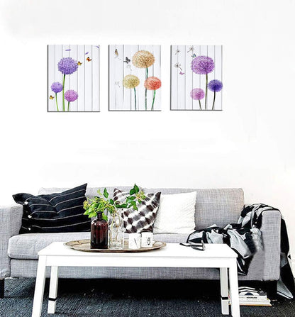 Stunning Dandelion & Butterfly Purple Flowers Canvas Wall Art - 3 Panel Set for Elegant Home Décor, 12x16 Inch Each, Perfect for Living Room and Bedroom