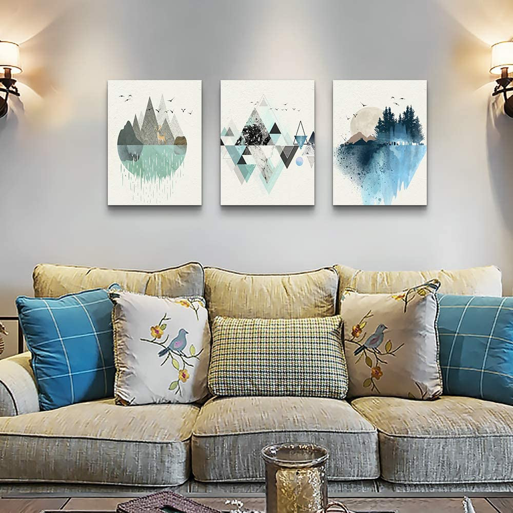 Stunning 3-Piece Abstract Mountain Geometry Canvas Wall Art Set - Perfect for Living Room, Office, Bedroom, and Bathroom Décor - 12x16 Inch Panels