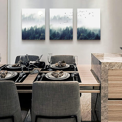 Enchanting Foggy Forest 3-Piece Canvas Wall Art Set - Stretched & Framed Landscape Decor for Living Room, Bedroom, or Office - Ready to Hang 12"x16" Panels