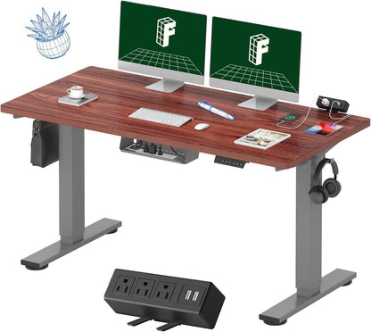 EN2 Height Adjustable Electric Standing Desk - 48"x30" with Clamp Power Strip & Cable Management (Gray Frame + Mahogany Top)