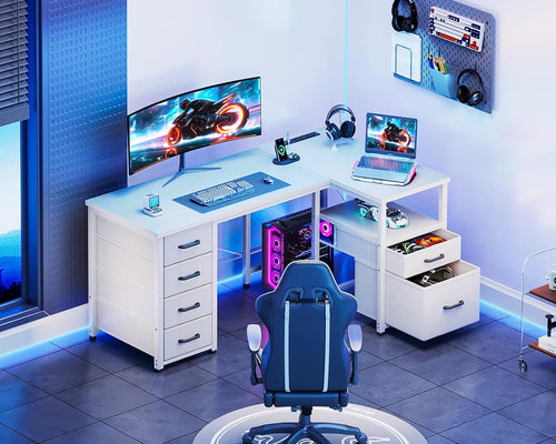 L Shaped Computer Desk with 6 Drawers & Power Outlet, 55 Inch Corner