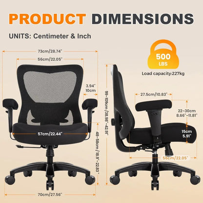 Big and Tall Office Chair 500Lbs, Ergonomic Heavy Duty Mesh Desk Chair, Executive Computer Chairs with Wide Thick Seat, Adjustab