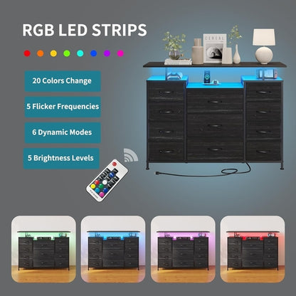 11 Drawers Dresser with Fabric Drawers,Charging Station, LED Lights