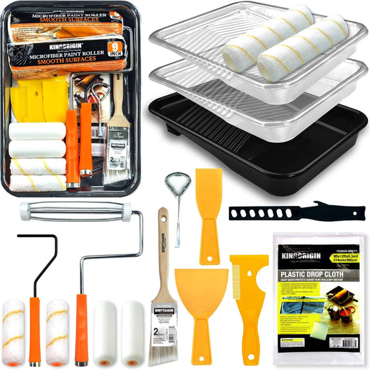 18 Piece Paint Roller Kit, Paint Roller Set, 4-inch 9-inch Paint Rollers for Painting, Paint Tray with Liners, Angle Paint Brush, Drop Cloth, Professional Painting Kit for Home Improvement
