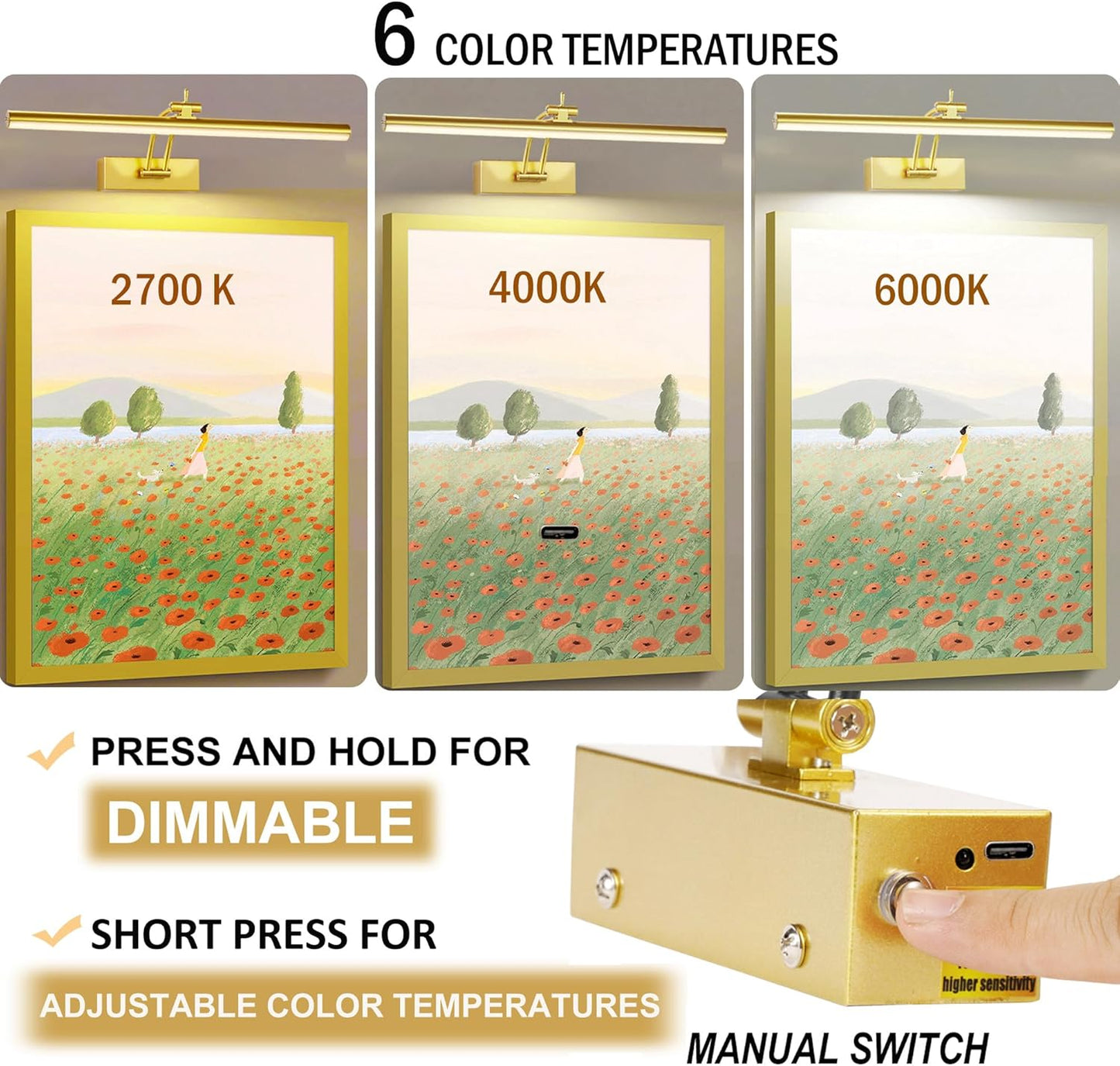 3 Pack Picture Light Battery Operated for Wall, 16" Wireless Display Art Lighting for Painting with Remote, Dimmable 5200mAh Library Light, Gold Picture Frame Lights for Gallery