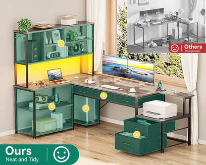 79 Inch L Shaped Desk with File Drawers, Reversible L Shaped Gaming