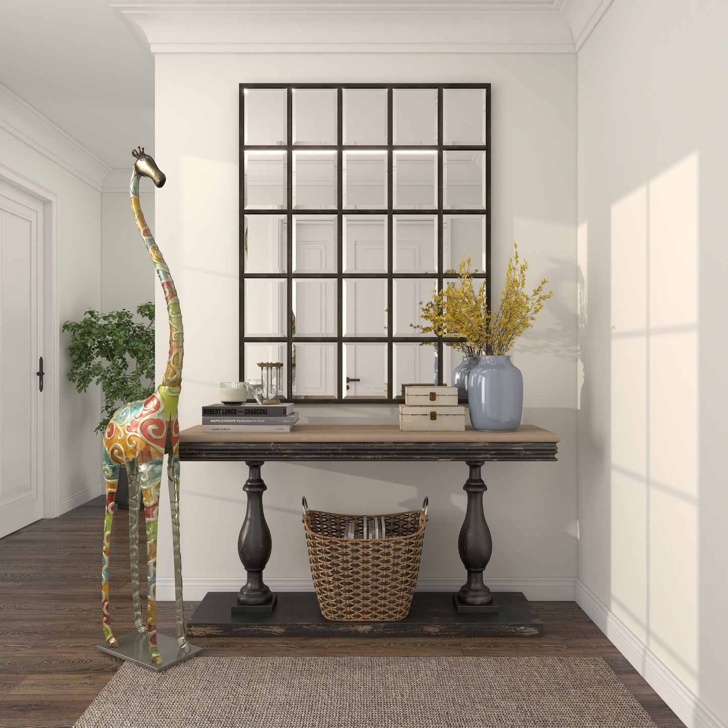 Extra Large and Colorful Floor Giraffe Sculpture, Molded from Iron with Grey Metal Finish, 17"W X 3"L X 73"H