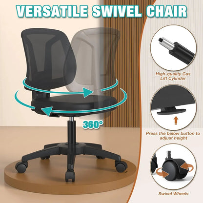 Swivel No Arms Small Office Desk Chair for Computer Home with Height Adjustable Back Support and Rotatoable Wheels for Small