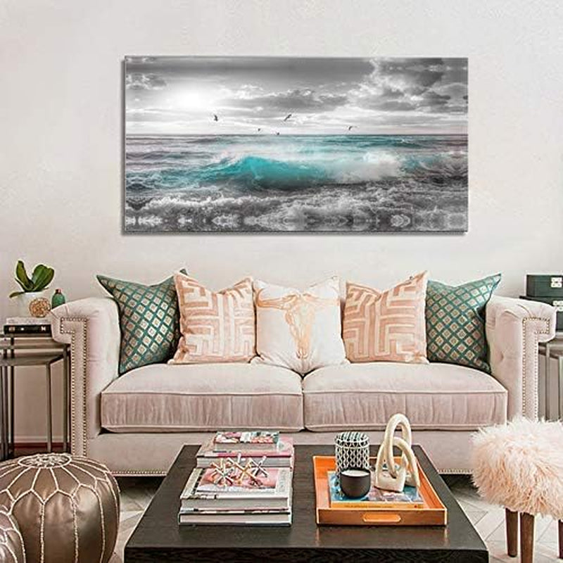 Stunning 24"x48" Framed Ocean Sunset Canvas Art - Serene Beach Wall Decor for Bedroom, Bathroom, and Dining Room with Seagulls and Waves