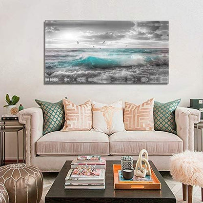 Stunning 24"x48" Framed Ocean Sunset Canvas Art - Serene Beach Wall Decor for Bedroom, Bathroom, and Dining Room with Seagulls and Waves
