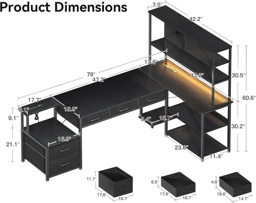 79 Inch L Shaped Desk with File Drawers, Reversible L Shaped Gaming