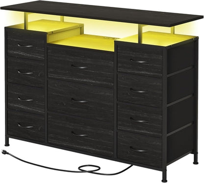 11 Drawers Dresser with Fabric Drawers,Charging Station, LED Lights