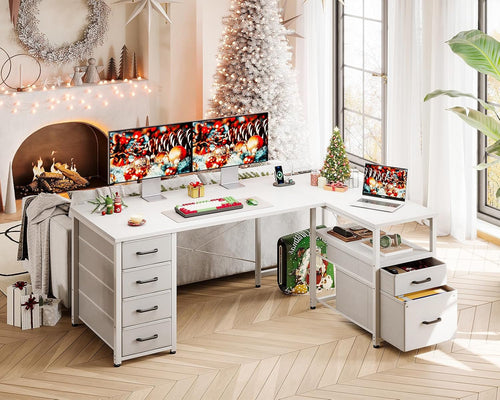 L Shaped Computer Desk with 6 Drawers & Power Outlet, 55 Inch Corner