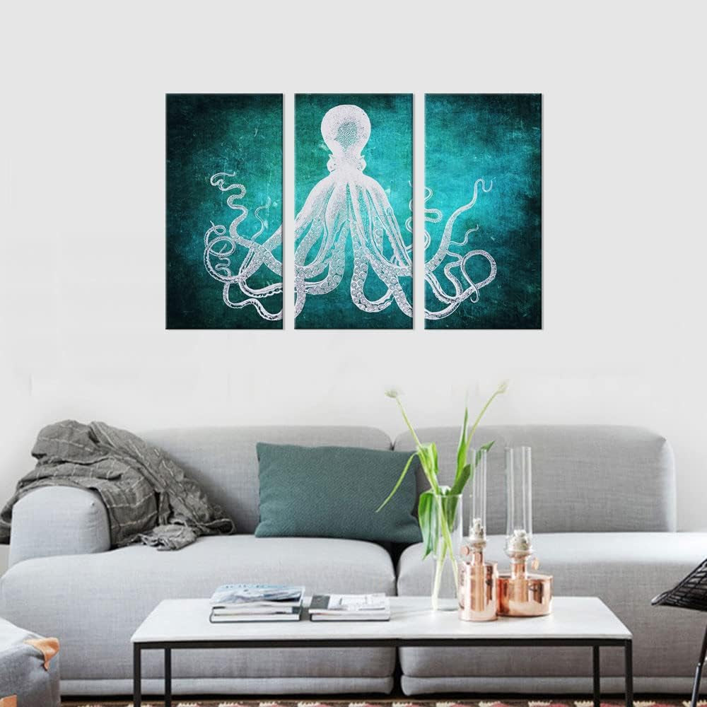 Stunning  Modern Octopus Canvas Art - Large 3-Panel Framed Wall Décor (8x16 Inches Each) Ready to Hang
