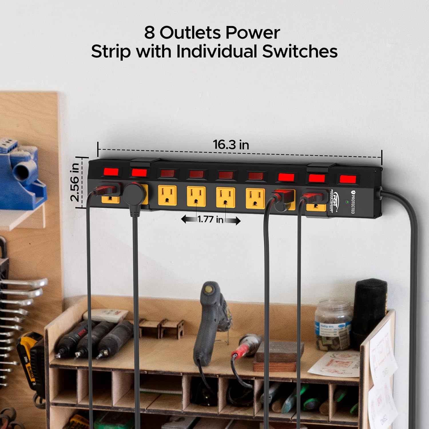 CRST 8 Outlet Metal Surge Protector Power Strip with Individual Switches, 15A Circuit Breaker 1200 Joules Protection 6FT Extension Cord and Mountable Kits Included-1